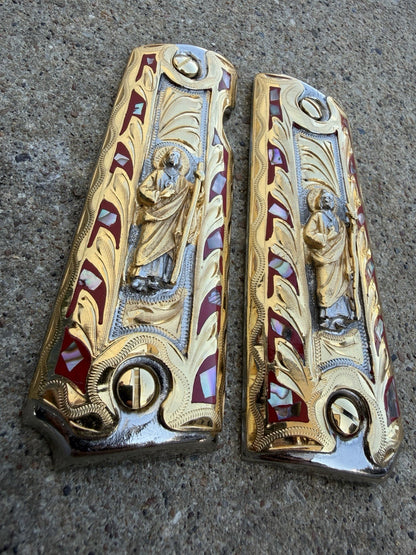 1911 45 38 Super Full Size San Judas Gold Gun Pistol Grip Cachas & 24K Screws