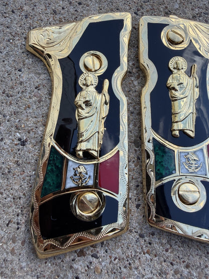 Beretta 92FS Cachas San Judas Gold Plated Pistol Custom Grips & Gold Screws