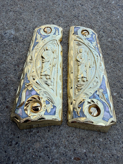1911 45 38 Super Full Size San Judas Gold Gun Pistol Grip Cachas & 24K Screws