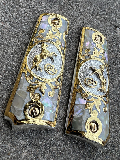 1911 45 38 Super Full Size Colt Gold Gun Pistol Grip Cachas Chapeado &24K Screws