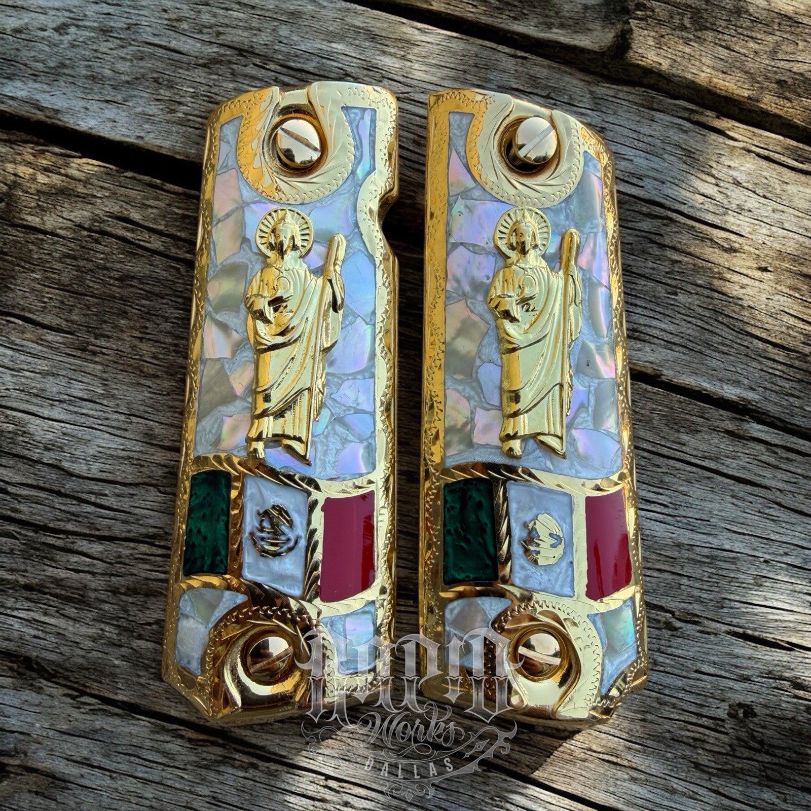 1911 45 38 Super Full Size San Judas Gold Gun Pistol Grip Cachas & 24K Screws