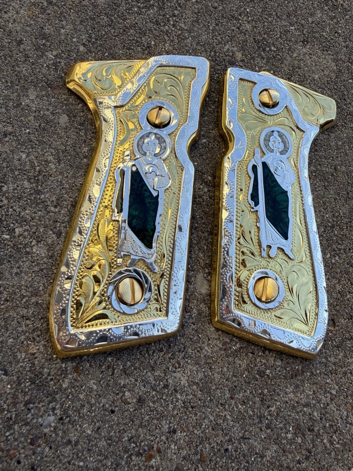 Beretta 92FS Cachas San Judas Gold Plated Pistol Custom Grips & Gold Screws
