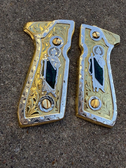 Beretta 92FS Cachas San Judas Gold Plated Pistol Custom Grips & Gold Screws