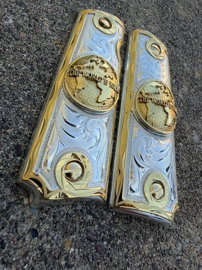 1911 45 38 Super Full Size WORLD IS YOURS Gold Gun Pistol Grip Cachas & 24KScrew
