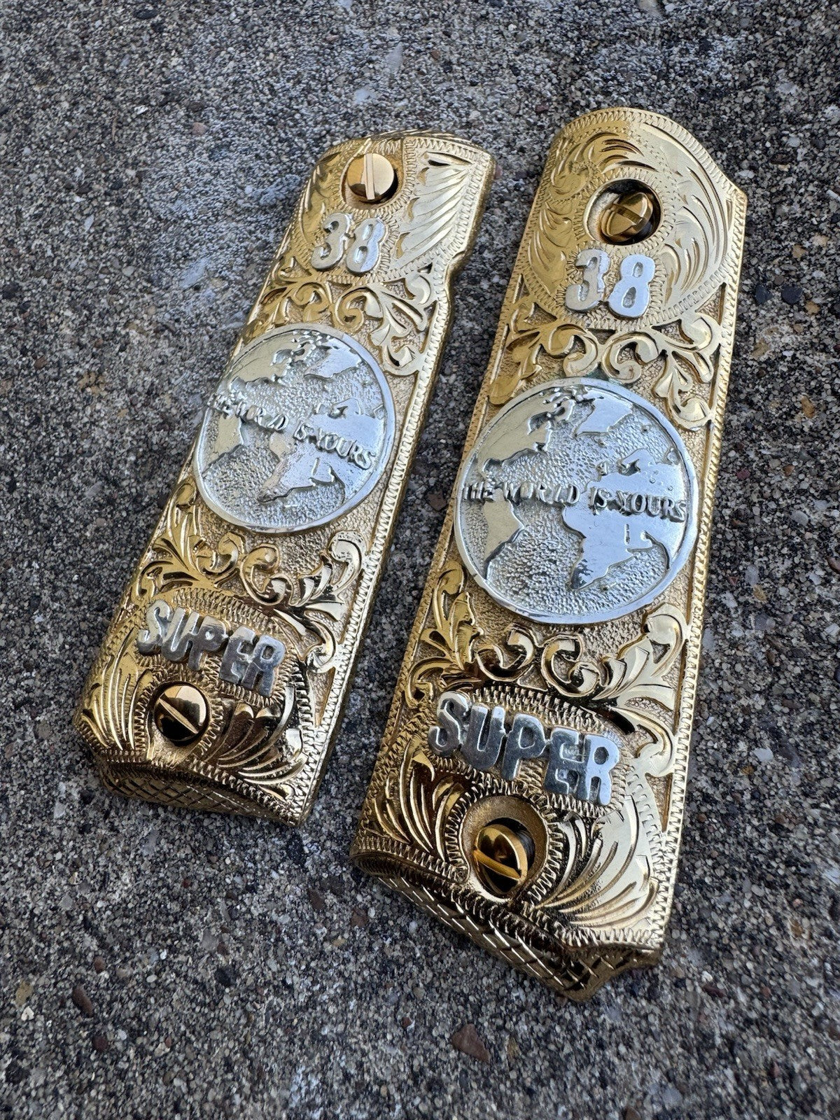 1911 45 38 Super Full Size World Is Yours Gold Gun Pistol Grip Cachas & 24KScrew
