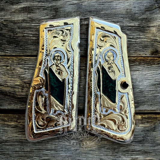 Browning Hi-Power 9mm San Judas Gold Gun Pistol Grip Cachas & 2 24K Screws