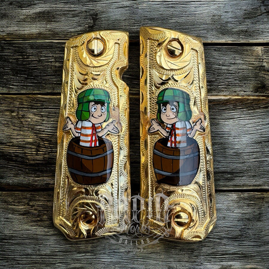 1911 45 38 Super Full Size El Chavo Gold Gun Pistol Grip Cachas & 24K Screws