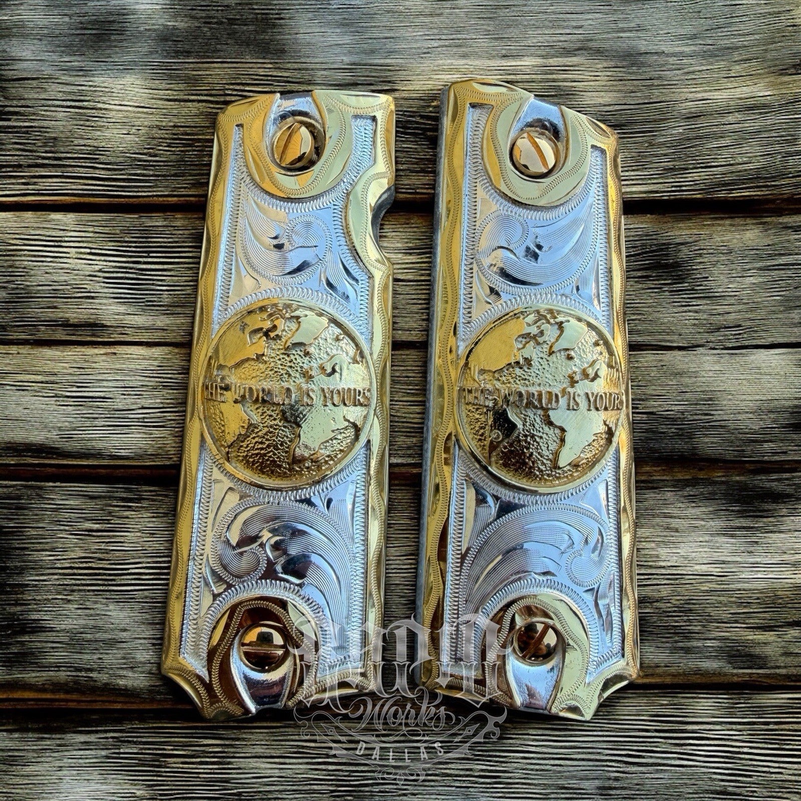 1911 45 38 Super Full Size World Is Yours Gold Gun Pistol Grip Cachas & 24KScrew