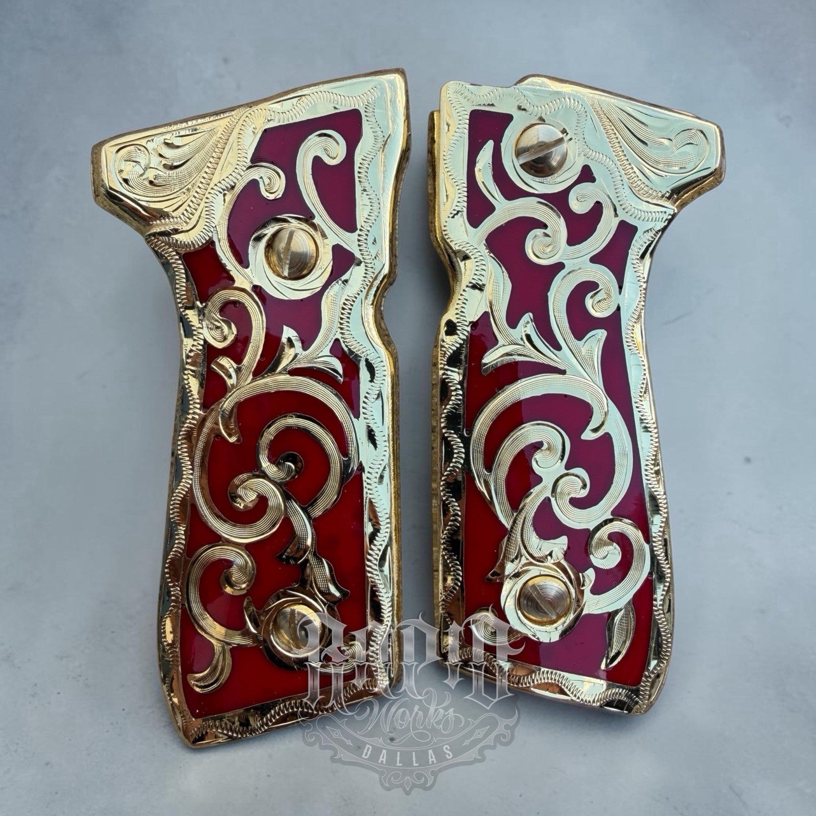Beretta 92FS Cachas Scroll Gold Plated Pistol Custom Grips & Gold Screws