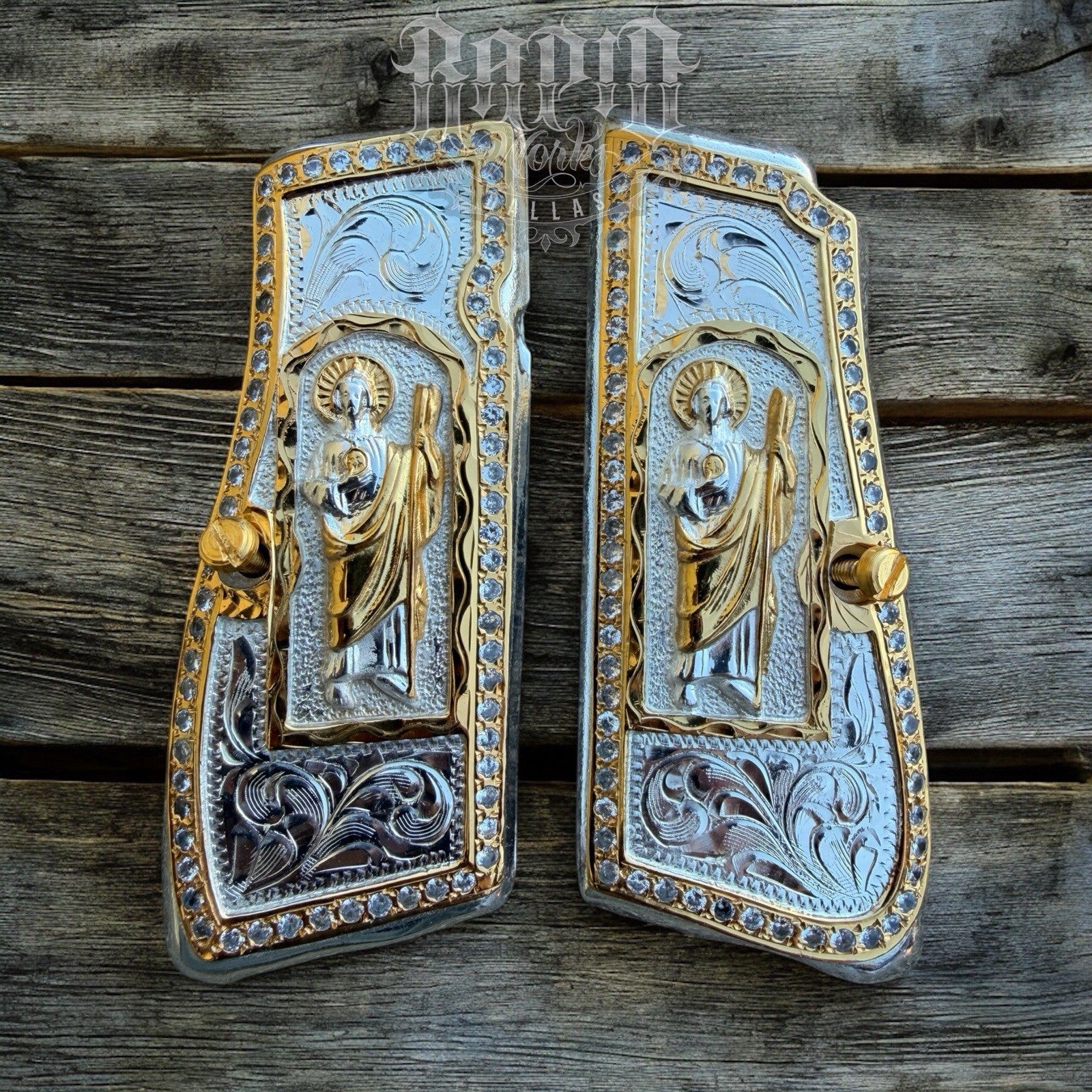 Browning Hi-Power 9mm San Judas Gold Gun Pistol Grip Cachas & 2 24K Screws