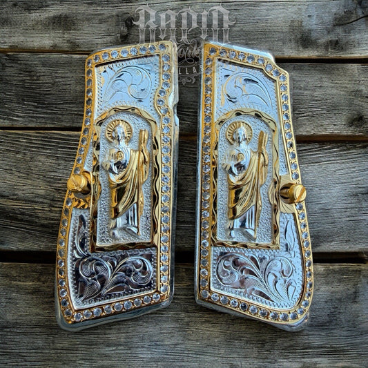 Browning Hi-Power 9mm San Judas Gold Gun Pistol Grip Cachas & 2 24K Screws