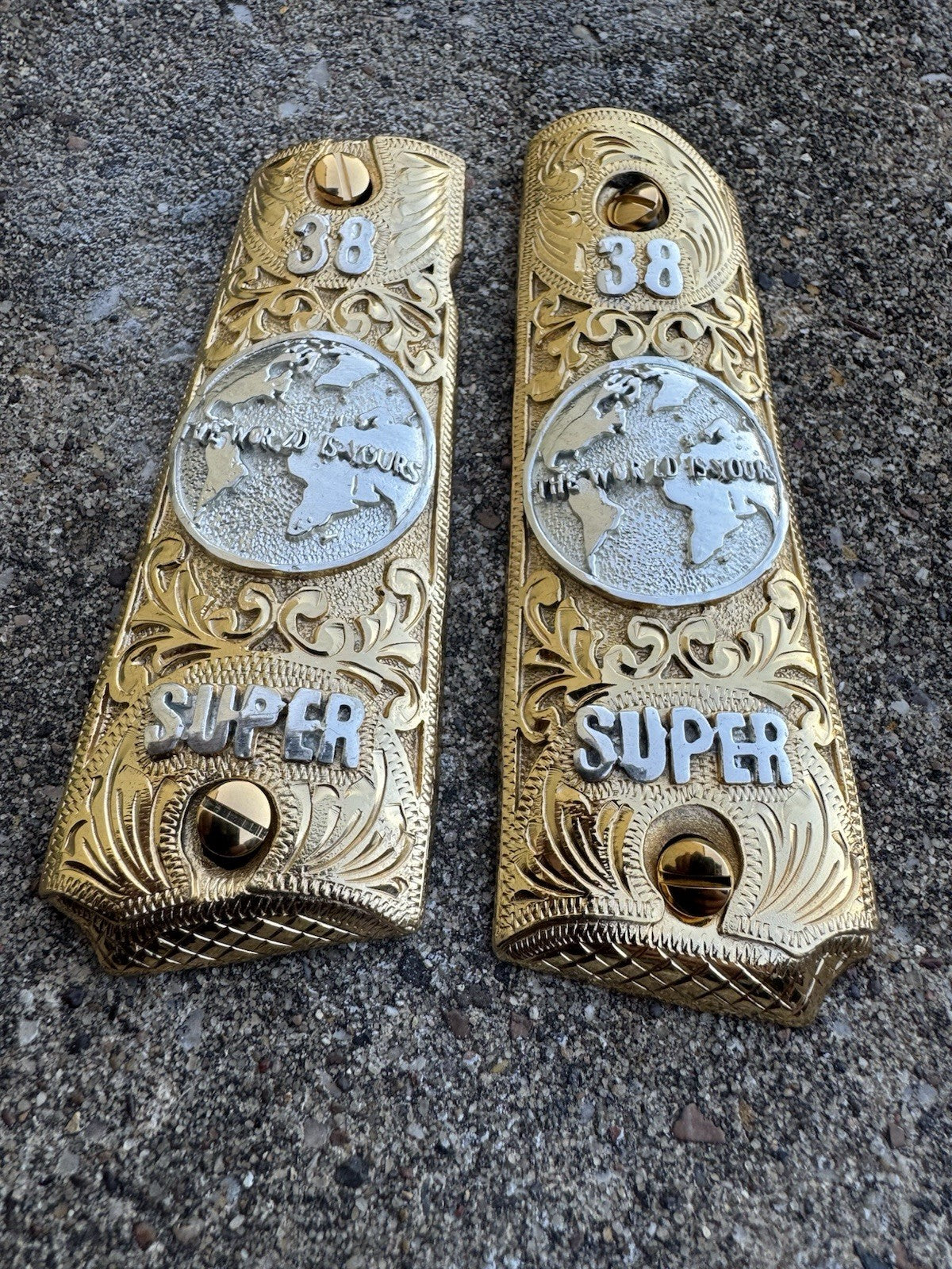 1911 45 38 Super Full Size World Is Yours Gold Gun Pistol Grip Cachas & 24KScrew