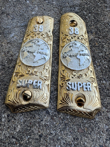 1911 45 38 Super Full Size World Is Yours Gold Gun Pistol Grip Cachas & 24KScrew
