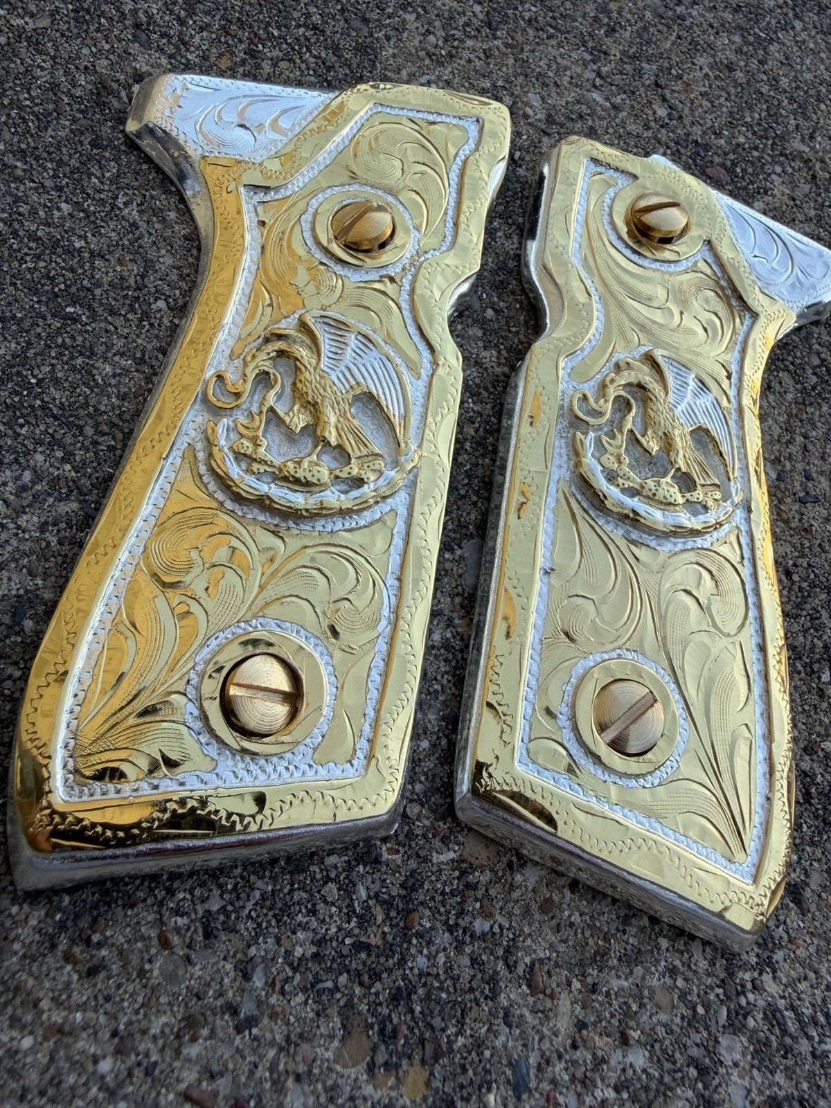Beretta 92FS Cachas Mexican Eagle Gold Plated Pistol Custom Grips & Gold Screws