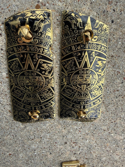 1911 Compact Officers Pistol Grips Aztec Cachas Gun Grips Gold Plated & Screws