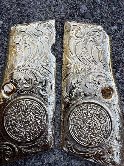 Browning Hi-Power 9mm Azteca Gold Gun Pistol Grip Cachas & 24k Screws