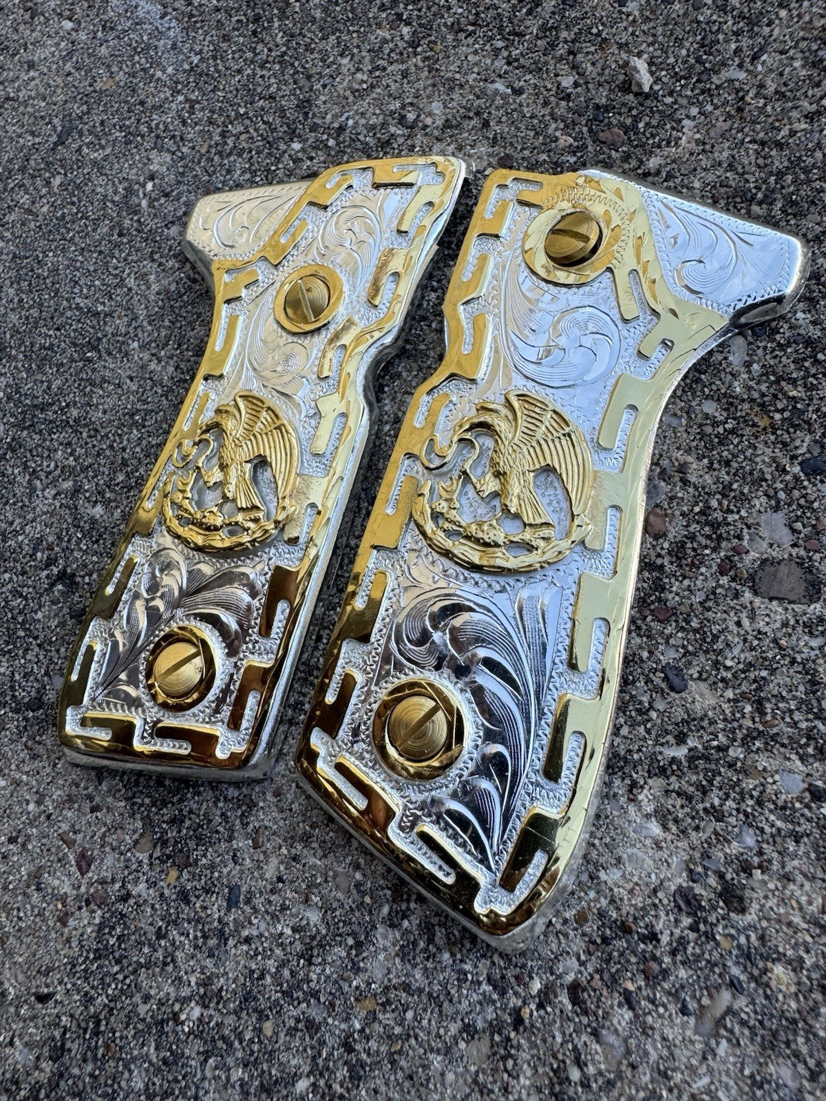 Beretta 92FS Cachas Mexican Eagle Gold Plated Pistol Custom Grips & Gold Screws