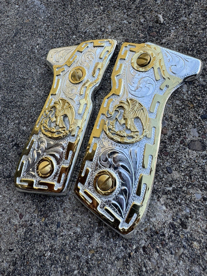 Beretta 92FS Cachas Mexican Eagle Gold Plated Pistol Custom Grips & Gold Screws