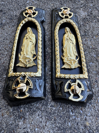 1911 45 38 Super Full Size Virgen De Guadalupe Gold Gun Grip Cachas & 24K Screws