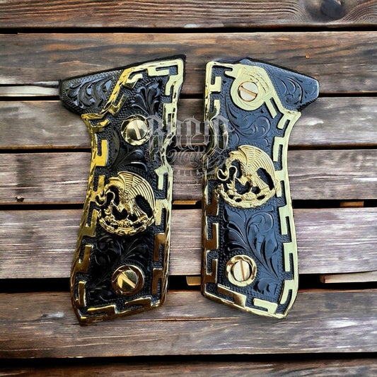 Beretta 92FS Cachas Mexican Eagle Gold Plated Pistol Custom Grips & Gold Screws