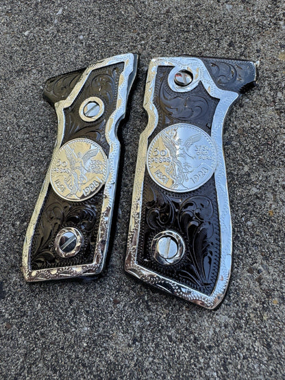 Beretta 92FS Cachas Centenario Silver Plated Pistol Custom Grips & Polish Screws