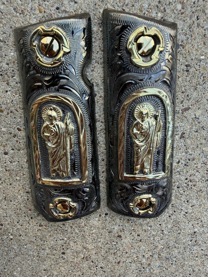 1911 45 38 Super Full Size San Judas Gold Gun Pistol Grip Cachas & 24K Screws