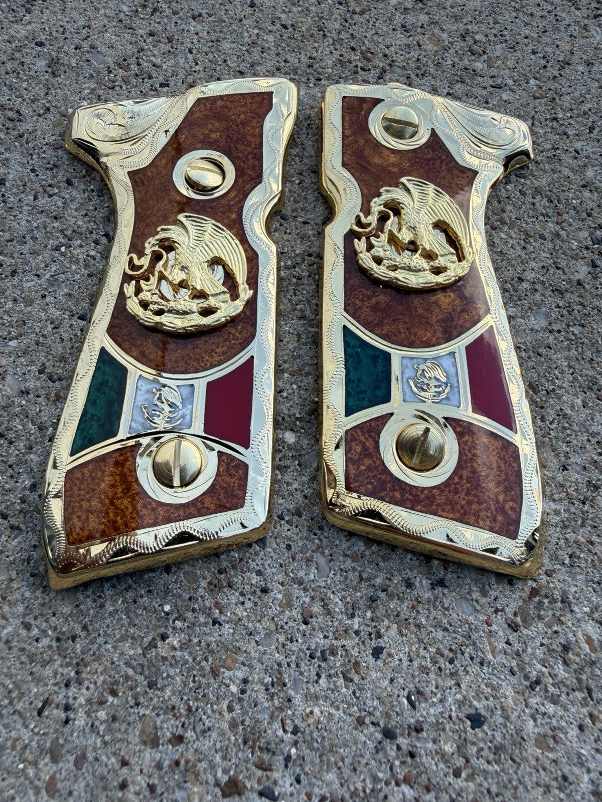 Beretta 92FS Cachas Mexican Eagle Gold Plated Pistol Custom Grips & Gold Screws