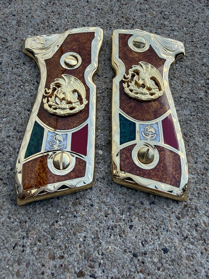 Beretta 92FS Cachas Mexican Eagle Gold Plated Pistol Custom Grips & Gold Screws