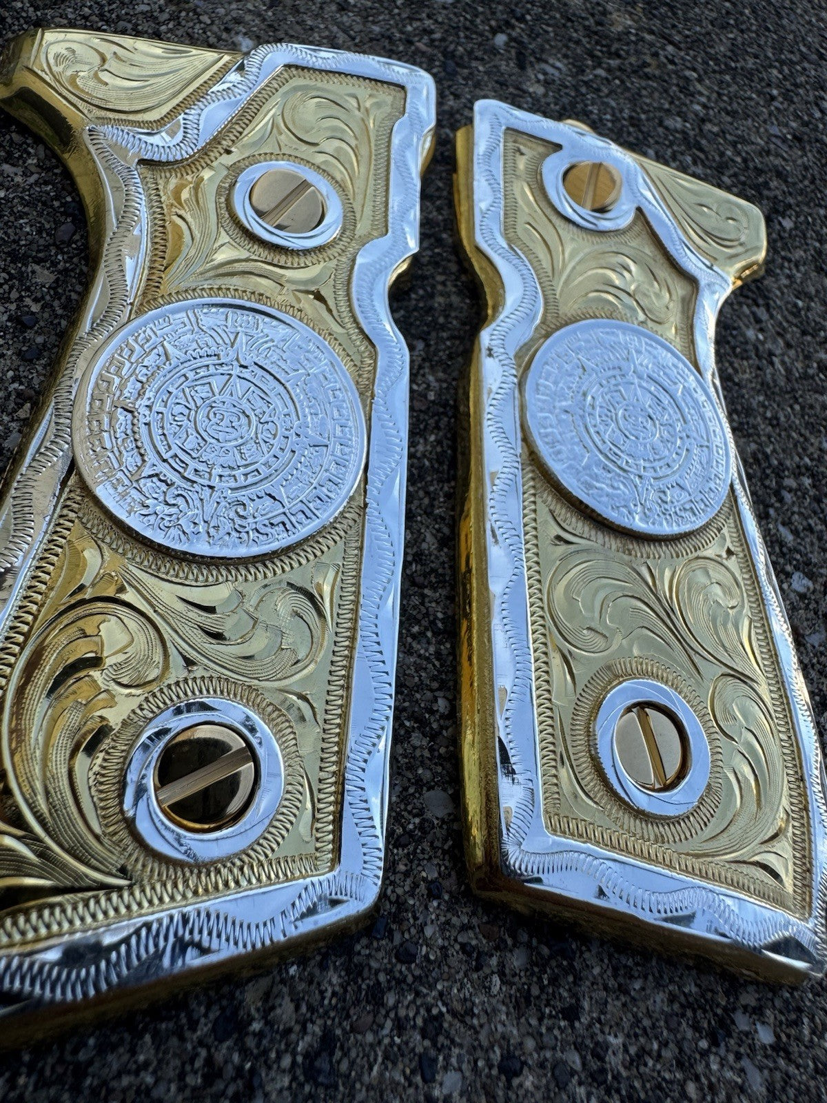 Beretta 92FS Cachas Azteca Gold Plated Pistol Custom Grips & Gold Screws