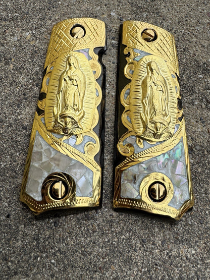 1911 45 38 Super Full Size Virgen De Guadalupe Gold Gun Grip Cachas & 24K Screws