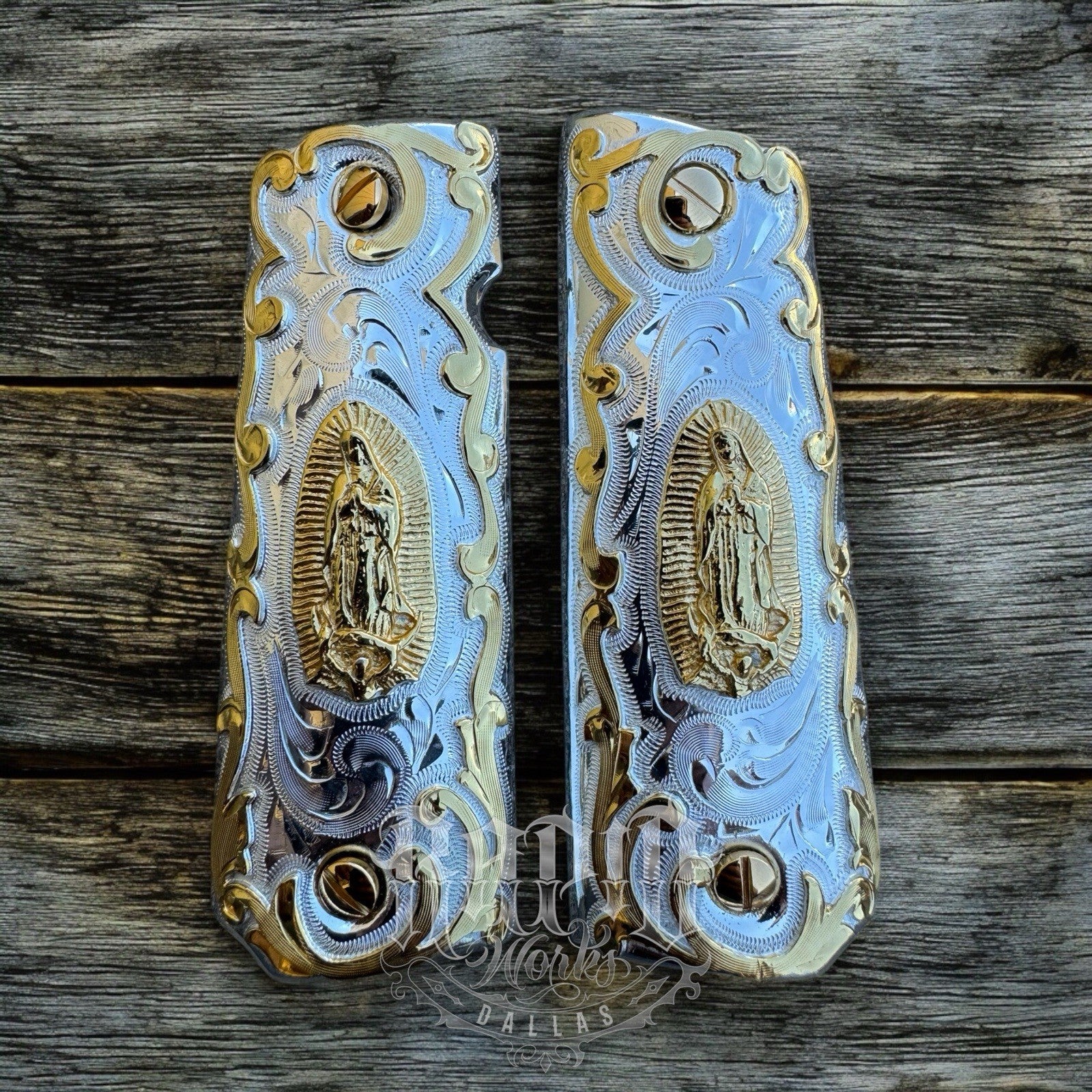 1911 45 38 Super Full Size Virgen De Guadalupe Gold Pistol Grip Cachas & Screws
