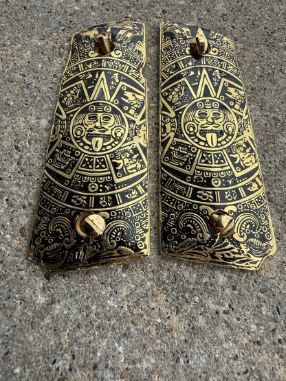1911 Compact Officers Pistol Grips Aztec Cachas Gun Grips Gold Plated & Screws