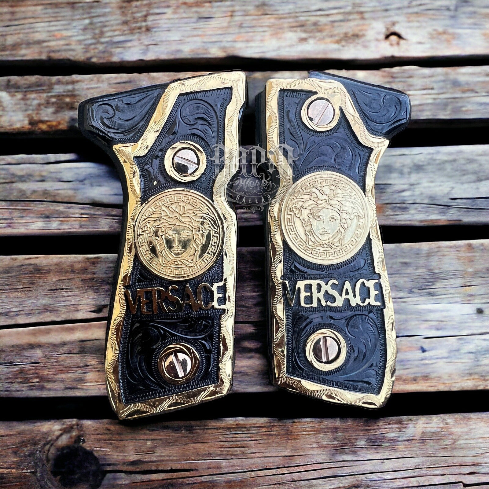 Beretta 92FS Cachas Versace Gold Plated Pistol Custom Grips & Gold Screws