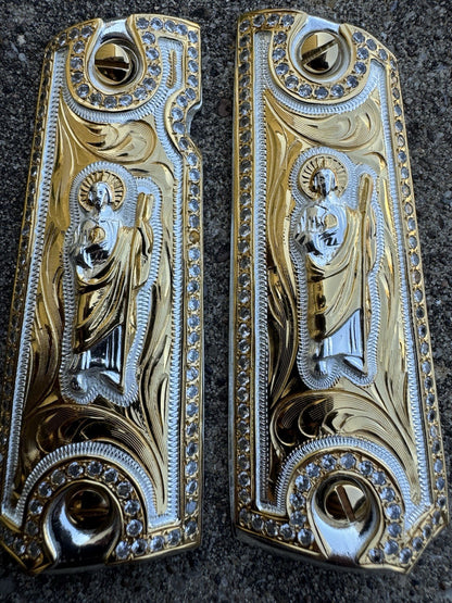 1911 ZIRCONIAS SAN JUDAS 45 38 SUPER COLT GOLD GUN PISTOL GRIP CACHAS & 24KSCREW