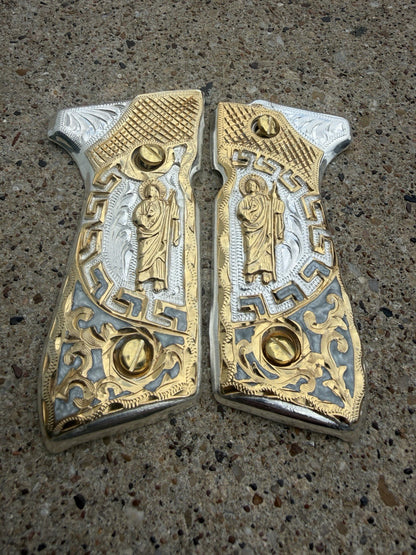 Beretta 92FS Cachas San Judas Gold Plated Pistol Custom Grips & Gold Screws