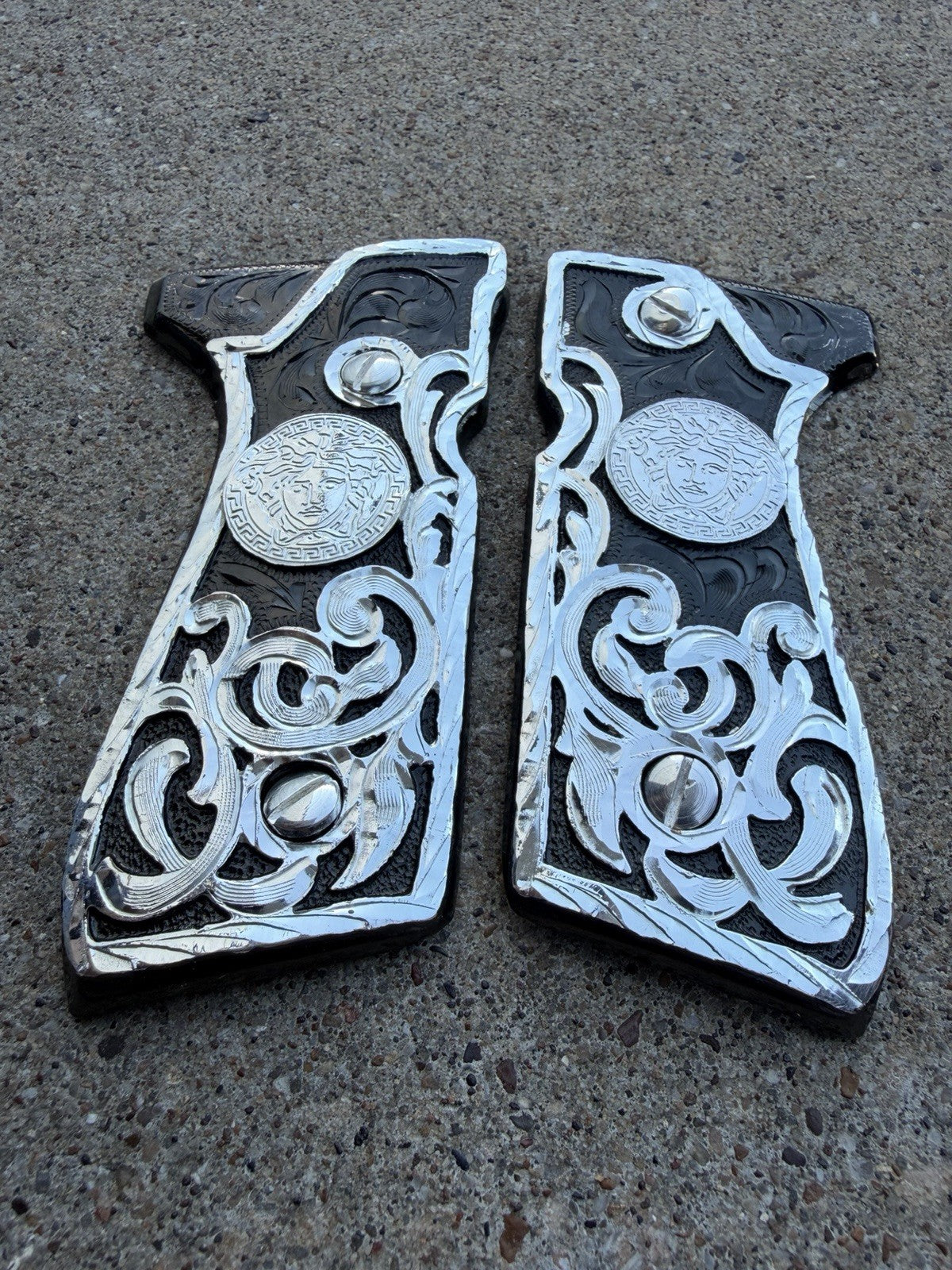 Beretta 92FS Cachas Versace Silver Plated Pistol Custom Grips & Silver Screws