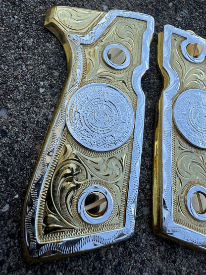 Beretta 92FS Cachas Azteca Gold Plated Pistol Custom Grips & Gold Screws