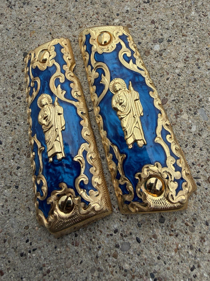 1911 45 38 Super Full Size San Judas Gold Gun Pistol Grip Cachas & 24K Screws