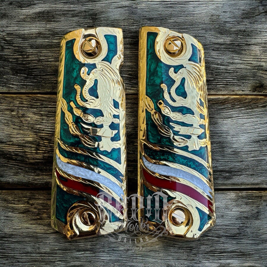 1911 45 38 Super Mexican Eagle Full Size Gold Gun Pistol Grip Cachas & 24K Screw