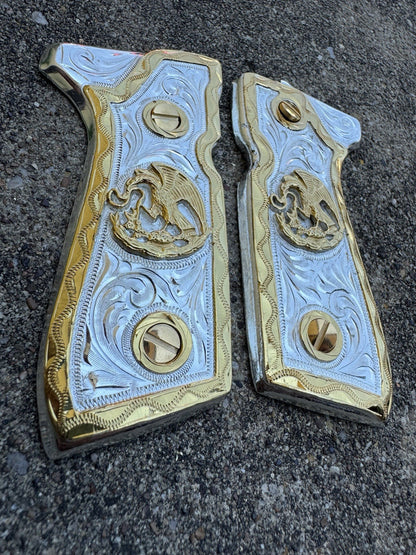 Beretta 92FS Cachas Mexican Eagle Gold Plated Pistol Custom Grips & Gold Screws