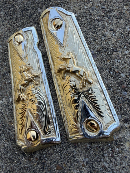 1911 45 38 Super Full Size Horse Gold Gun Pistol Grip Cachas & 24K Screws