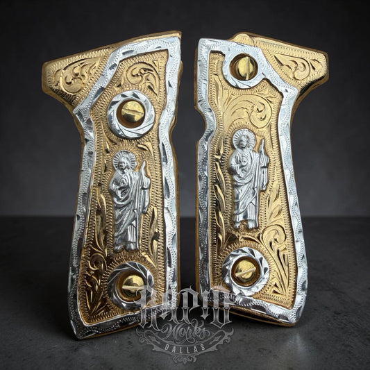 Beretta 92FS Cachas San Judas Gold Plated Pistol Custom Grips & Gold Screws