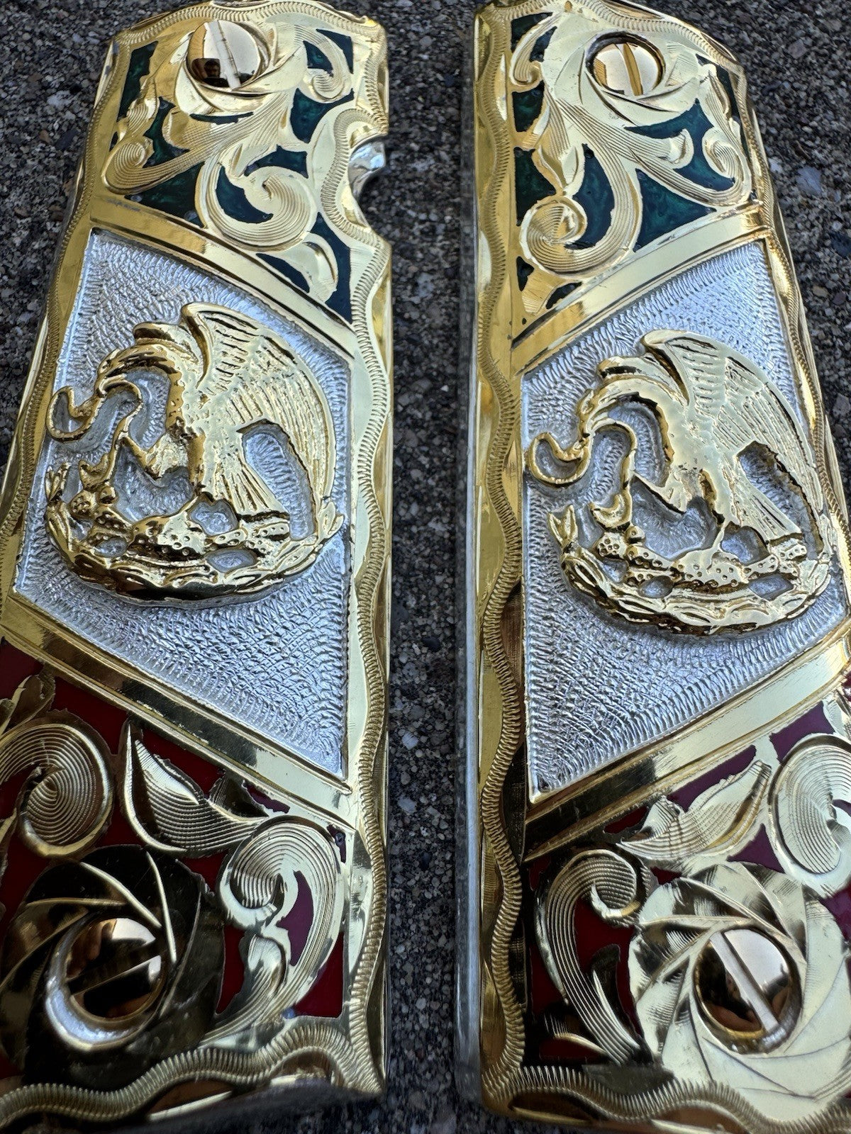 1911 45 38 Super Full Size Mexican Flag Gold Gun Pistol Grip Cachas & 24K Screws