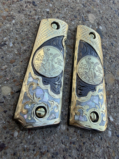 1911 45 38 Super Full Size Centenario Gold Gun Pistol Grip Cachas & 24K Screws