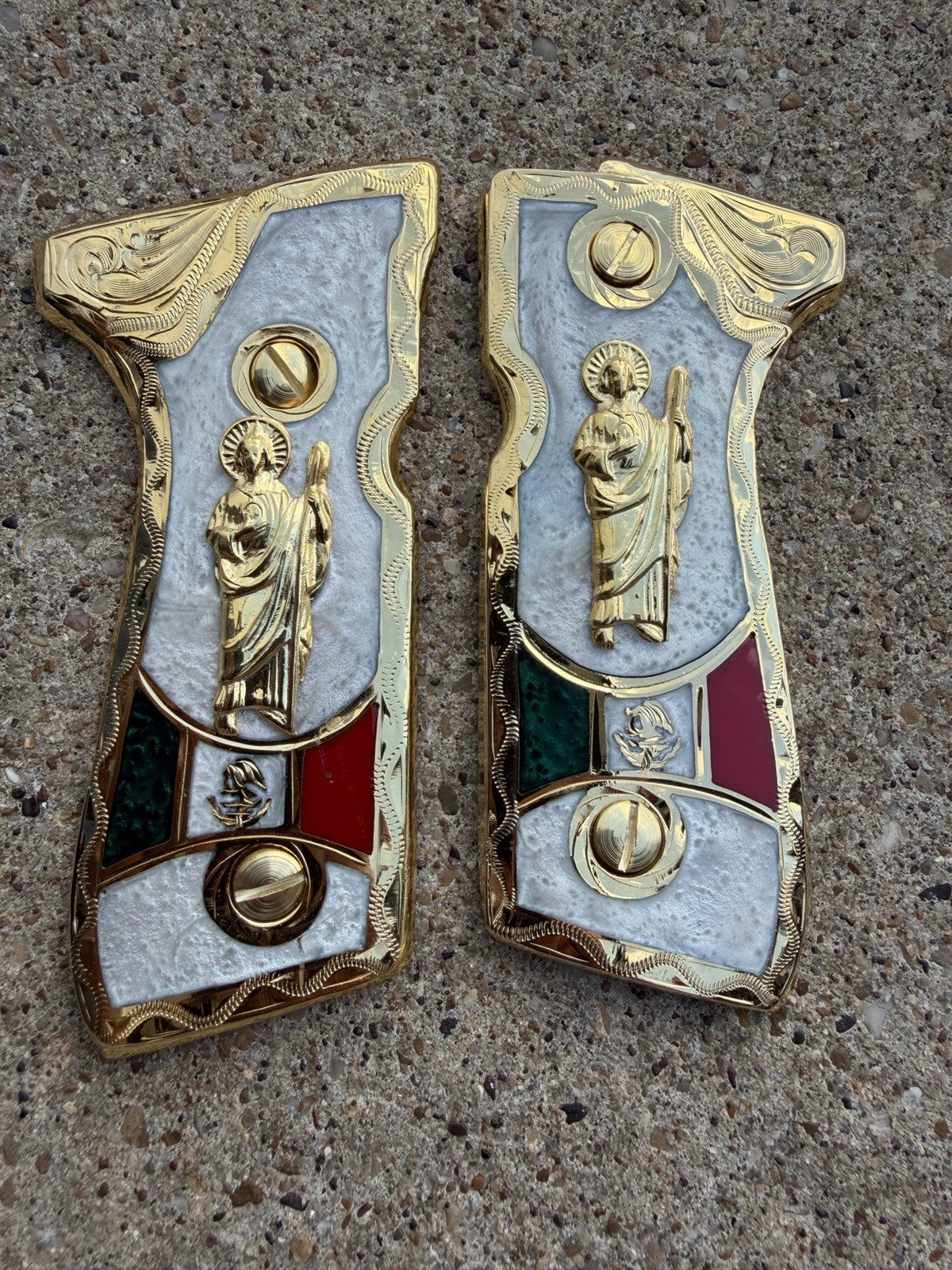 Beretta 92FS Cachas San Judas Gold Plated Pistol Custom Grips & Gold Screws