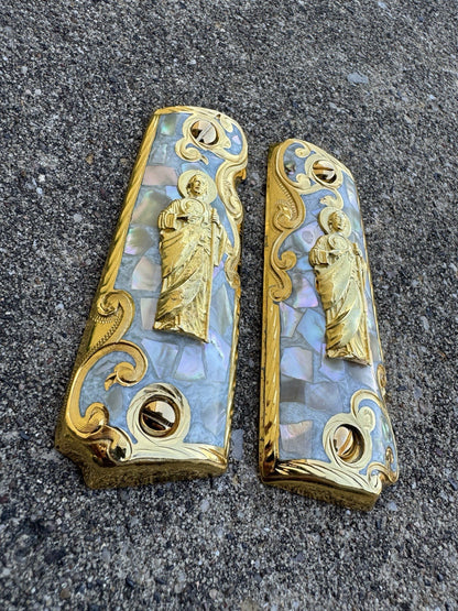 1911 45 38 Super San Judas Full Size Gold Gun Pistol Grip Cachas & 24K Screws