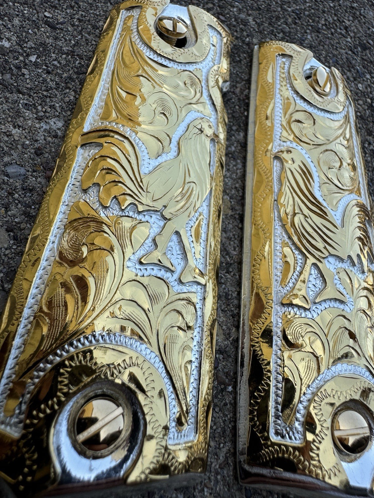 1911 45 38 Super Full Size Gallo Gold Gun Pistol Grip Cachas Chapeado &24K Screw