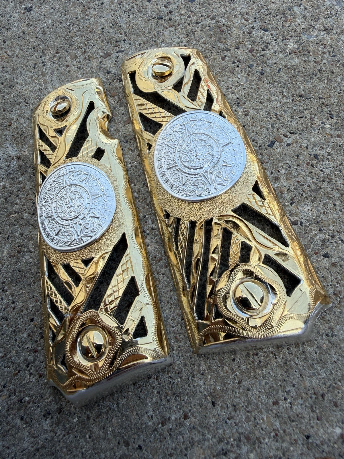 1911 45 38 Super Full Size Azteca Gold Gun Pistol Grip Cachas & 24K Screws