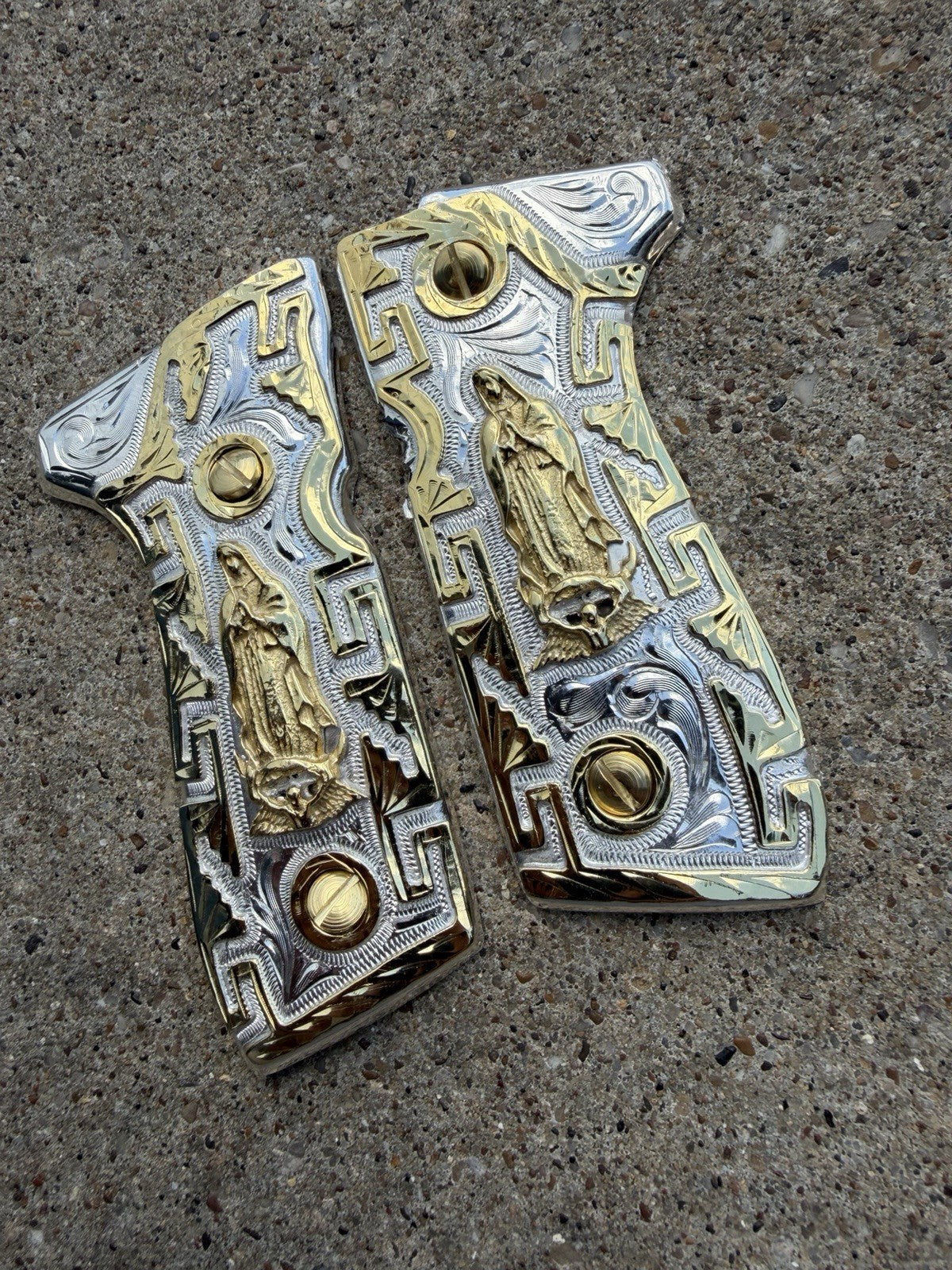 Beretta 92FS Cachas Virgen De Guadalupe Gold Plated Pistol Grips & Gold Screws