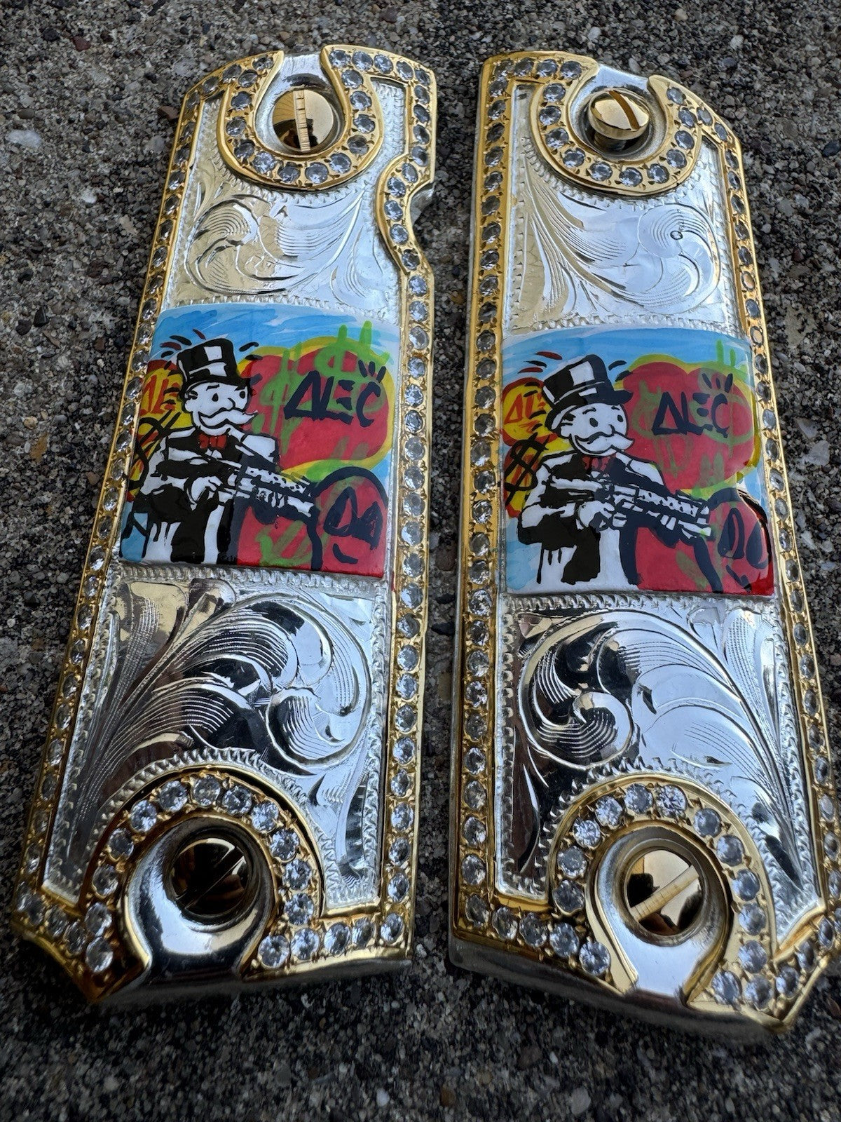 1911 ZIRCONIA 45 38 SUPER MONOPOLY GOLD GUN PISTOL GRIP CACHAS & 24K SCREWS